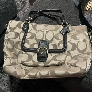 Coach Tan and Black Signature Monogram Crossbody Bag